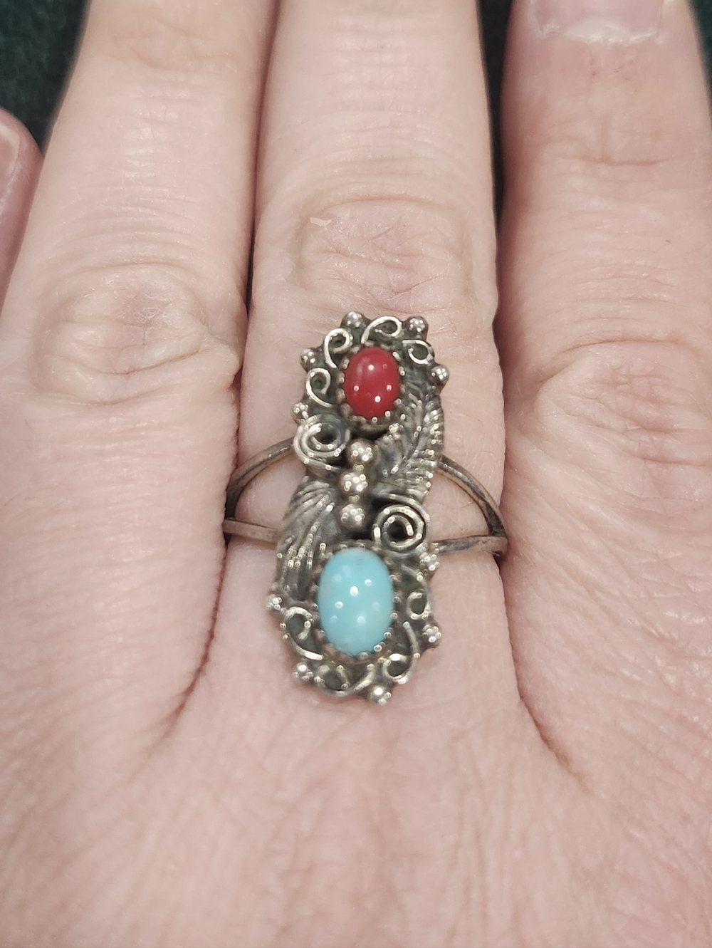 Sterling Silver Petite Native Style Red coral and Turquoise Stone Ring Size 7